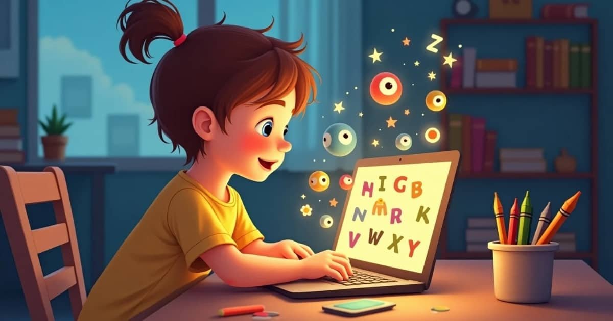 Young child engaged in online kindergarten classes in Varanasi, learning on a tablet with colorful educational content.