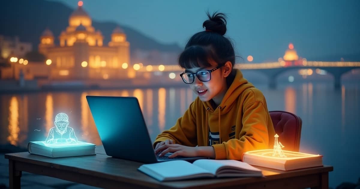 Student attending online tutoring session for Class 10 in Varanasi, studying on laptop with books and notes.