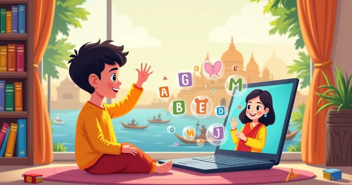 Smiling child participating in fun online nursery class in Varanasi on a laptop
